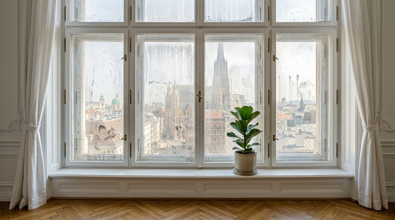 Vorher: Stark verschmutztes Fenster mit Staub und Schlieren vor der Reinigung